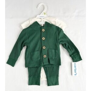 New Baby 3M Carter's Hooded Green Thermal Cardigan, Bodysuit & Pants Set B62